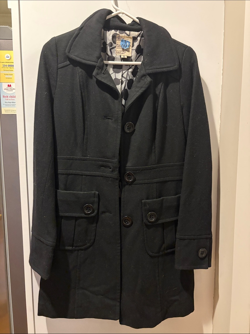 Black Button-Front Wool Coat with Flap Pockets